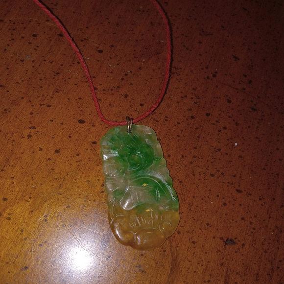 Chinese Tri Color Double Side Carved Jade Vintage Pendant on Hemp Necklace - Picture 4 of 6